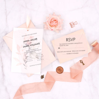 blush dusty rose vellum paper overlay wedding invitations