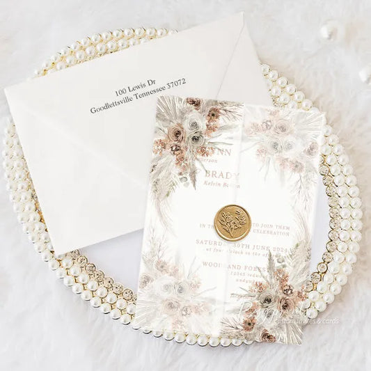 Earth tone boho terracotta floral vellum wedding invitations