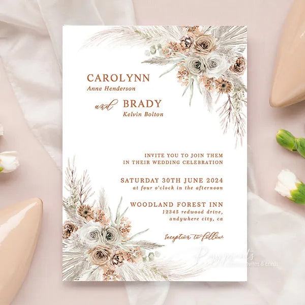 Earth tone boho terracotta floral vellum wedding invitations