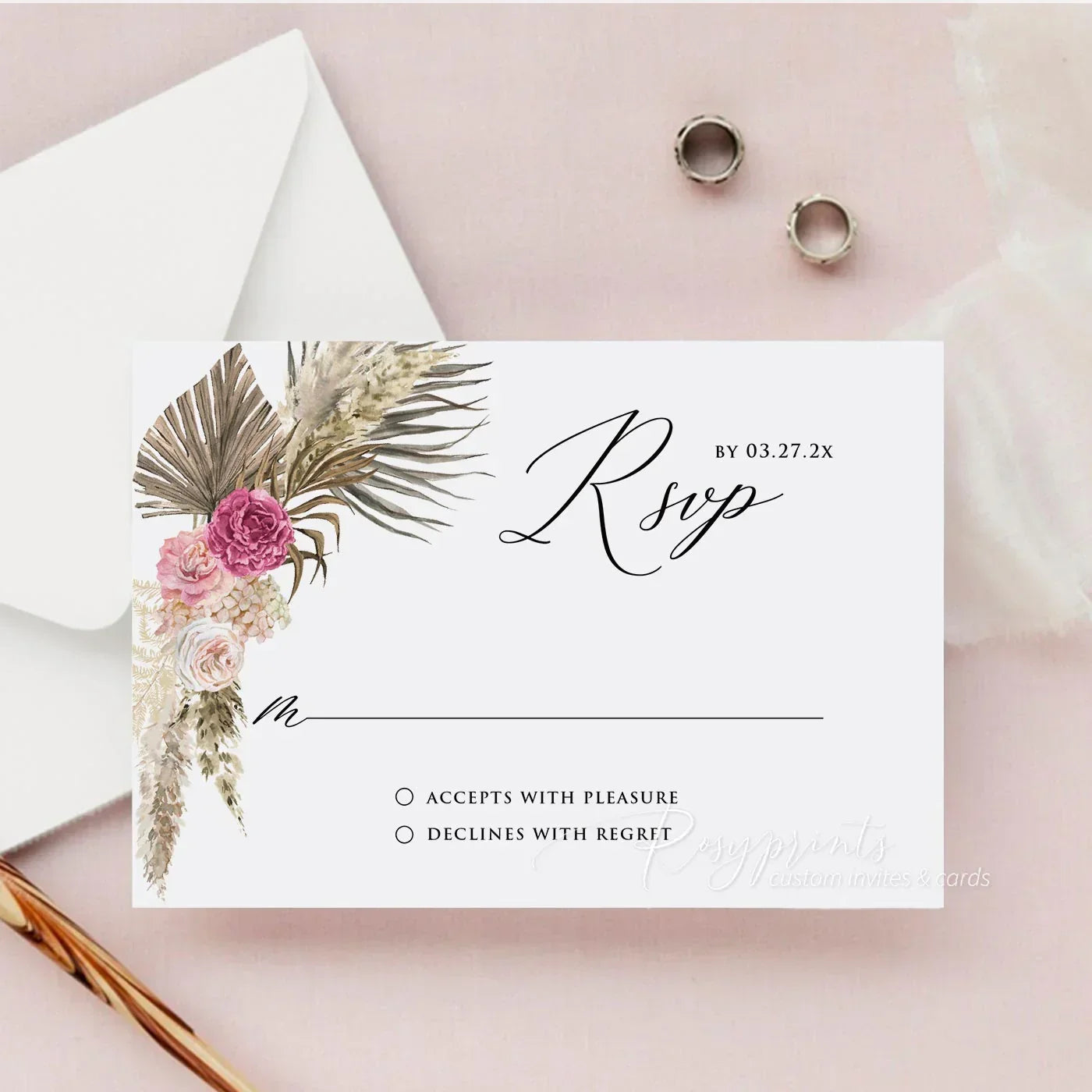 bohemian pink dried floral and leaves acrylic wedding invitations