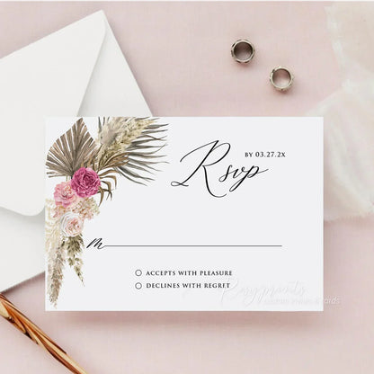 bohemian pink dried floral and leaves acrylic wedding invitations