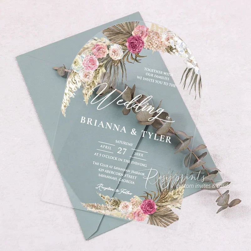 bohemian pink dried floral and leaves acrylic wedding invitations