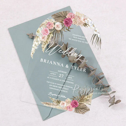 bohemian pink dried floral and leaves acrylic wedding invitations