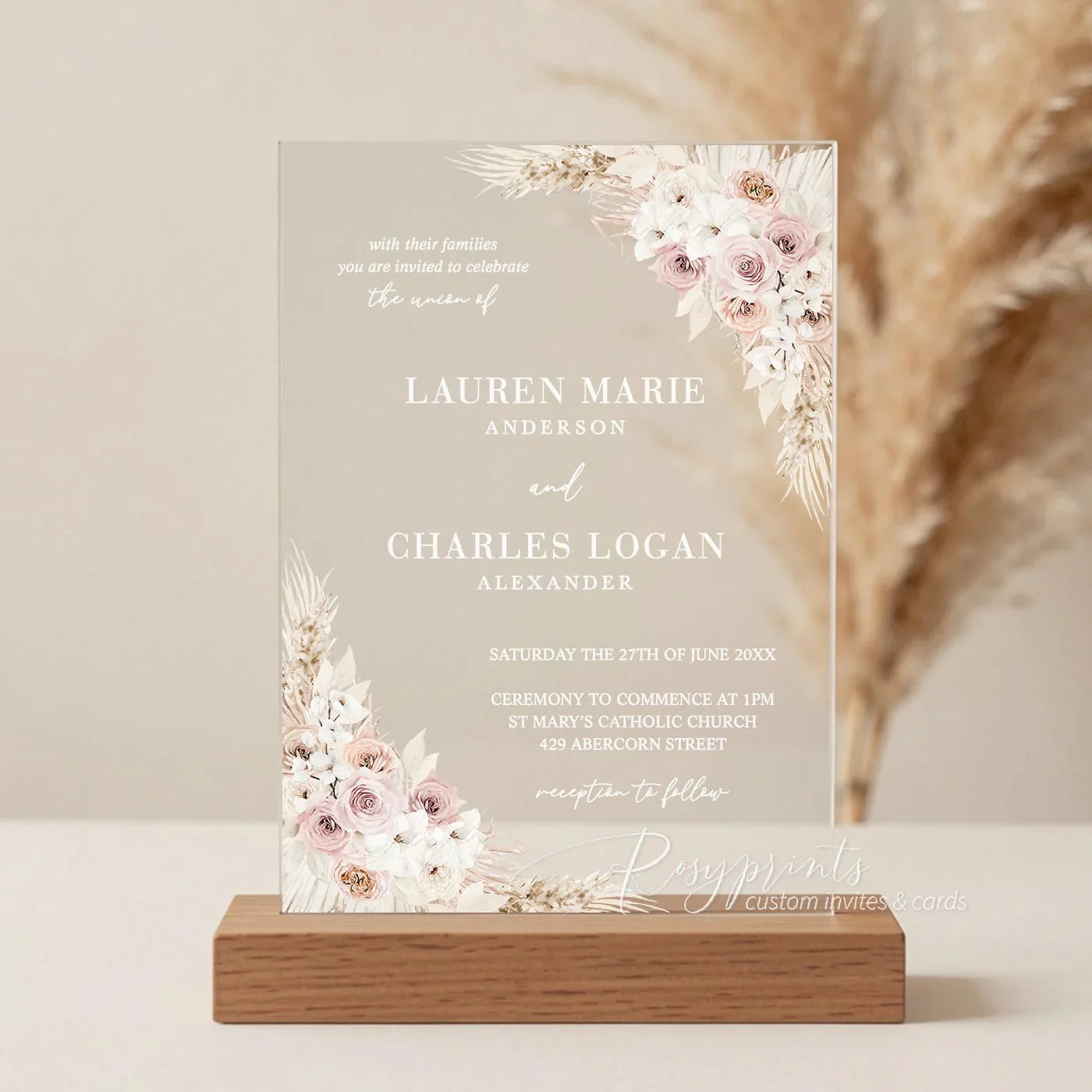 boho dusty rose flower acrylic wedding invitations