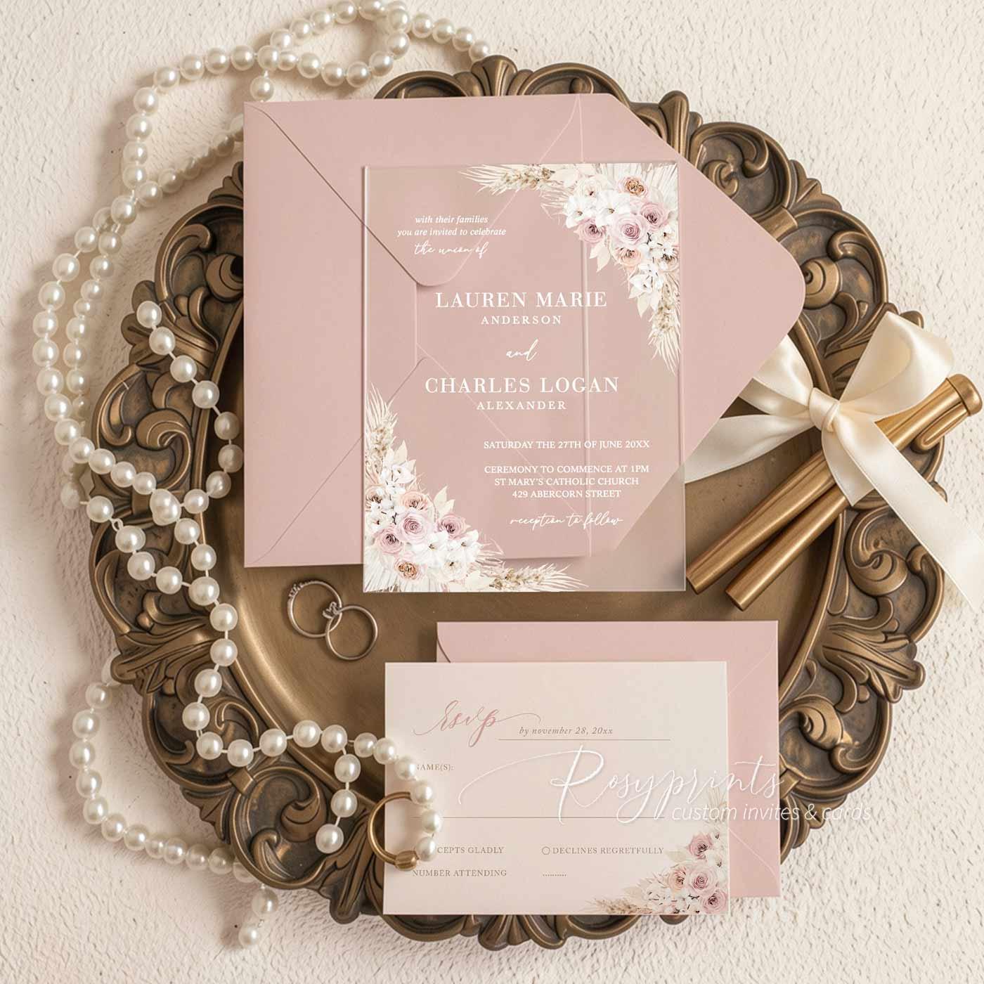 boho dusty rose flower acrylic wedding invitations