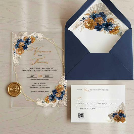 terracotta and navy blue boho flower acrylic wedding invitations
