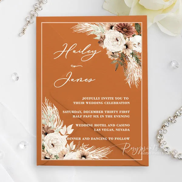 boho terracotta rust brown acrylic wedding invitations ROSYA91 - Rosy Prints