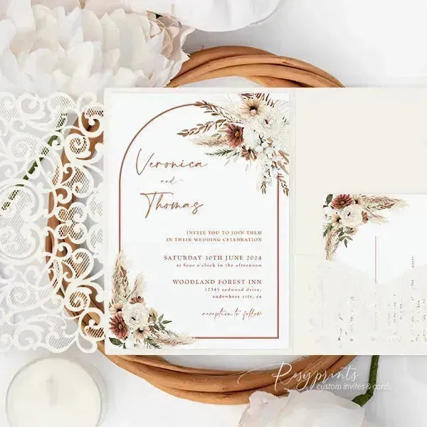 Boho terracotta floral wedding invitations ROSYP17 - Rosy Prints