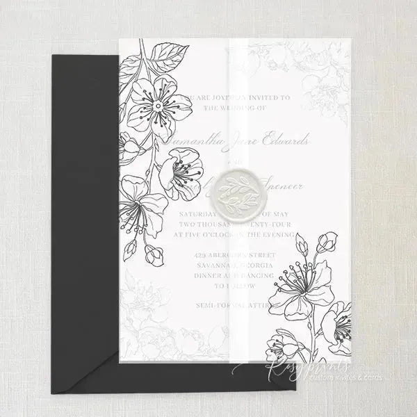 botanical floral black and white wedding invitations ROSYV01 - Rosy Prints