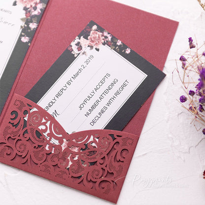 dusty rose black and burgundy pocket wedding invitations
