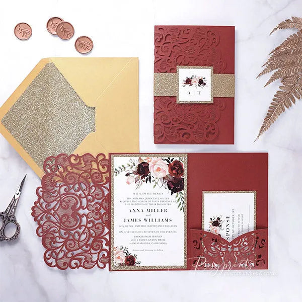 burgundy pink gold rustic flower wedding invitations ROSYP33