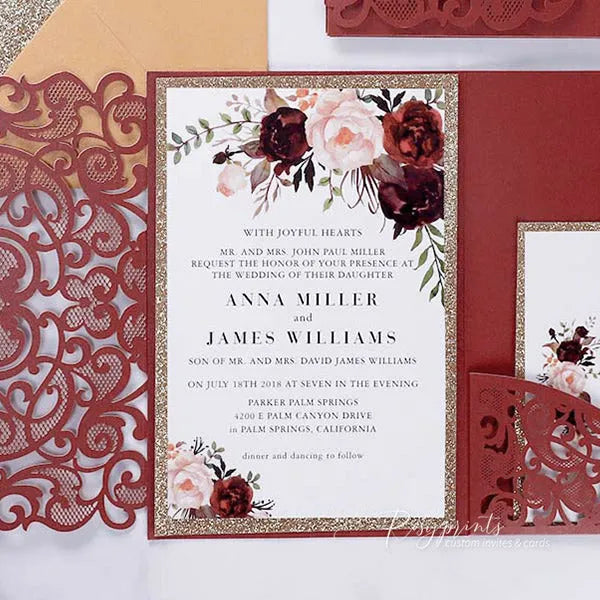 burgundy pink gold rustic flower wedding invitations ROSYP33