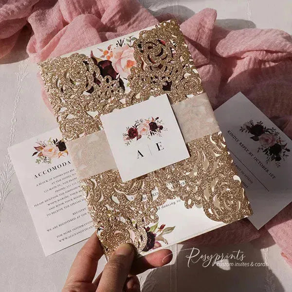 pink and burgundy gold floral wedding invitations ROSYG02 - Rosy Prints