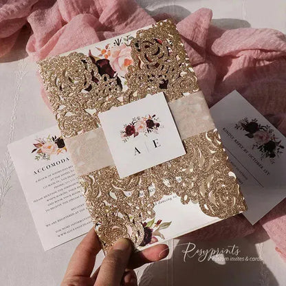 pink and burgundy gold floral wedding invitations ROSYG02 - Rosy Prints