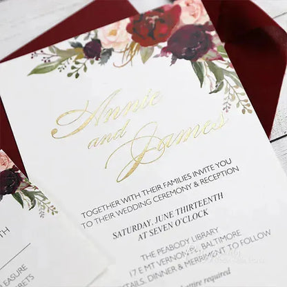 gold foil burgundy floral wedding invitations ROSYF05 - Rosy Prints
