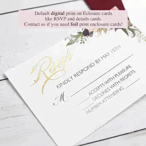 gold foil burgundy floral wedding invitations ROSYF05 - Rosy Prints
