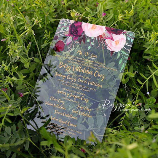 burgundy red flower acrylic wedding invitations