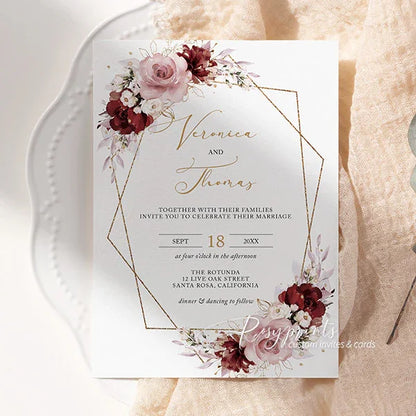 rustic burgundy dusty rose vellum jacket wedding invitations