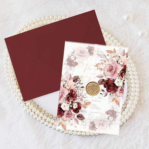 rustic burgundy dusty rose vellum jacket wedding invitations