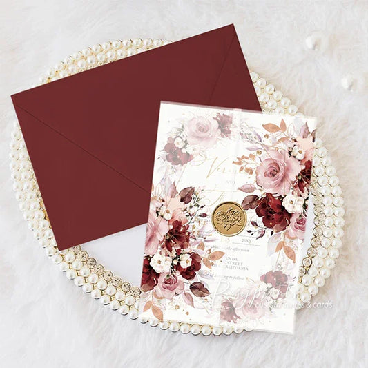 rustic burgundy dusty rose vellum jacket wedding invitations