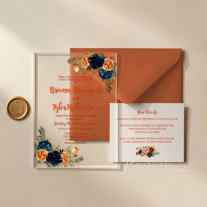 burnt orange and navy blue flower acrylic wedding invitations