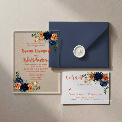 burnt orange and navy blue flower acrylic wedding invitations