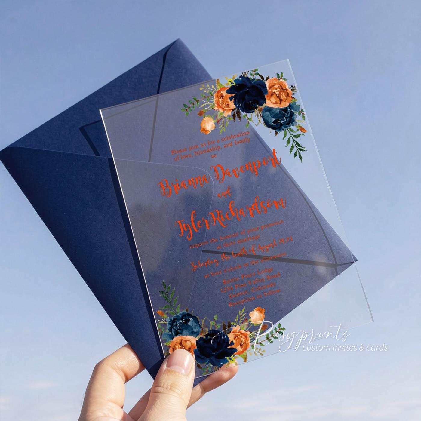 burnt orange and navy blue flower acrylic wedding invitations