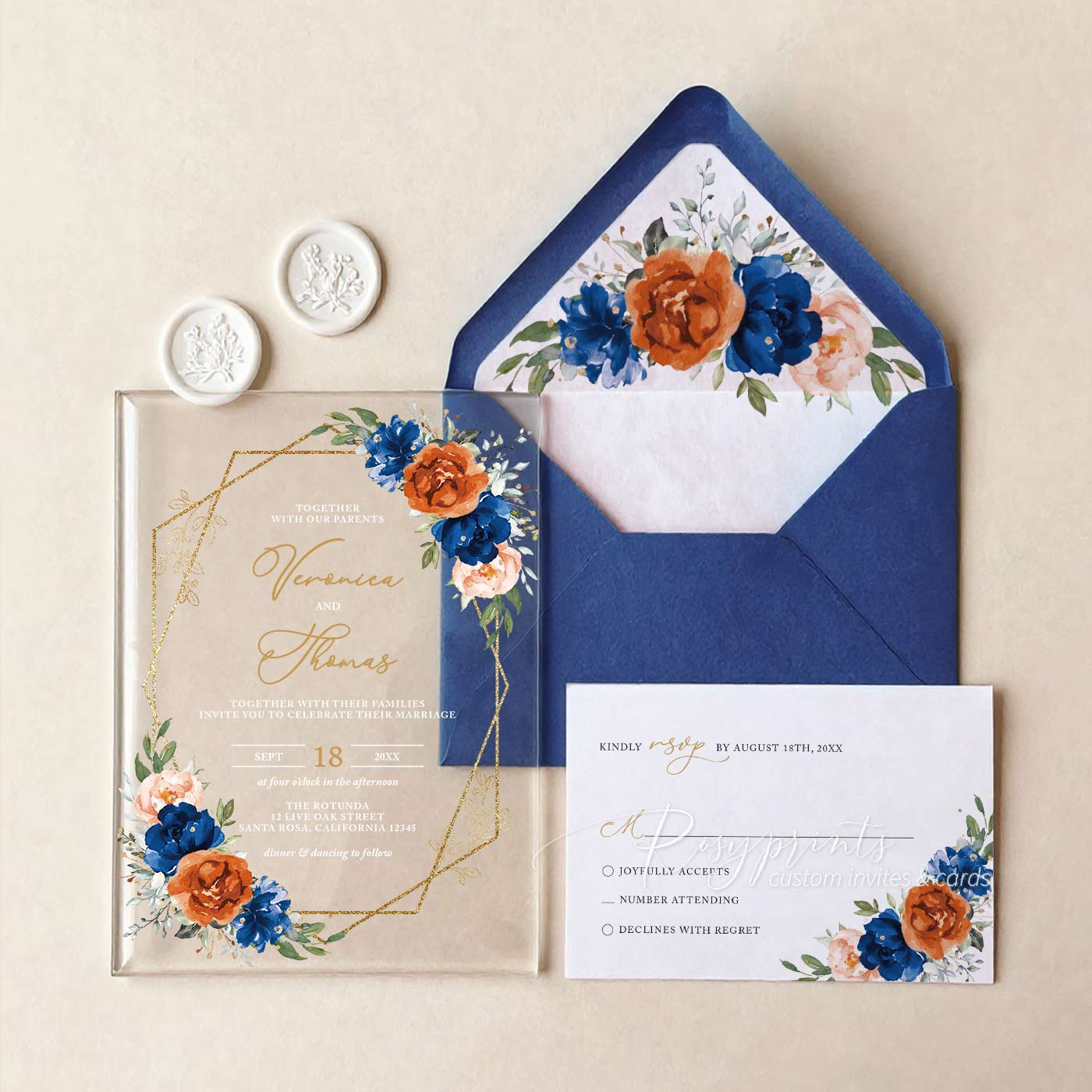 burnt orange and royal blue acrylic wedding invitations