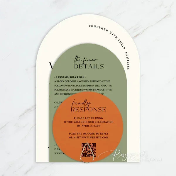 sage green and burnt orange arch pocket wedding invitations