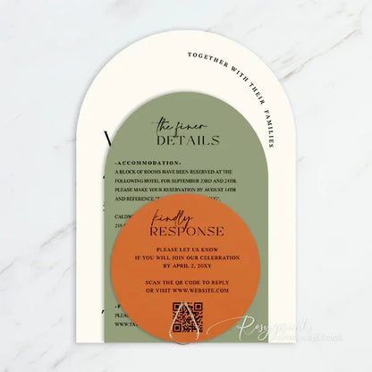 sage green and burnt orange arch pocket wedding invitations