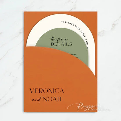 sage green and burnt orange arch pocket wedding invitations