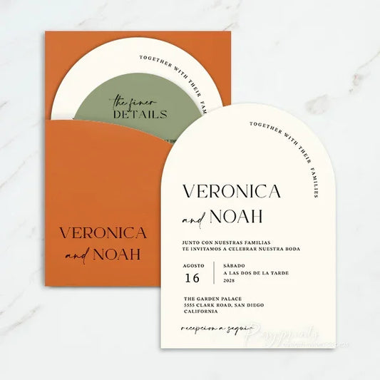 sage green and burnt orange arch pocket wedding invitations
