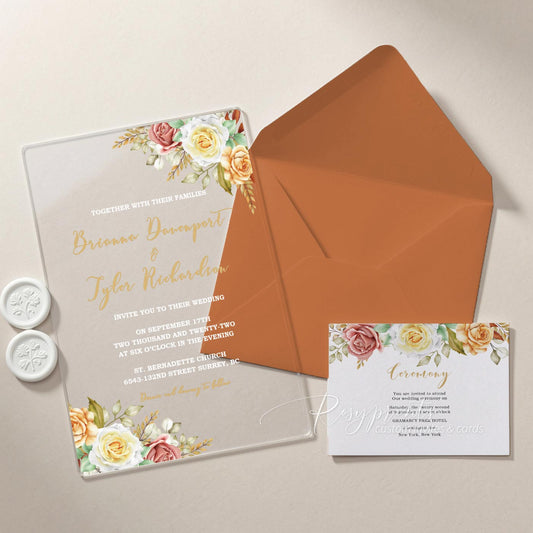 rustic fall terracotta orange floral acrylic wedding invitations