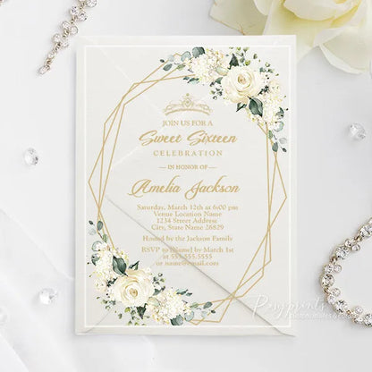 Ivory and champagne gold acrylic quinceanera invitations ROSYA95 - Rosy Prints