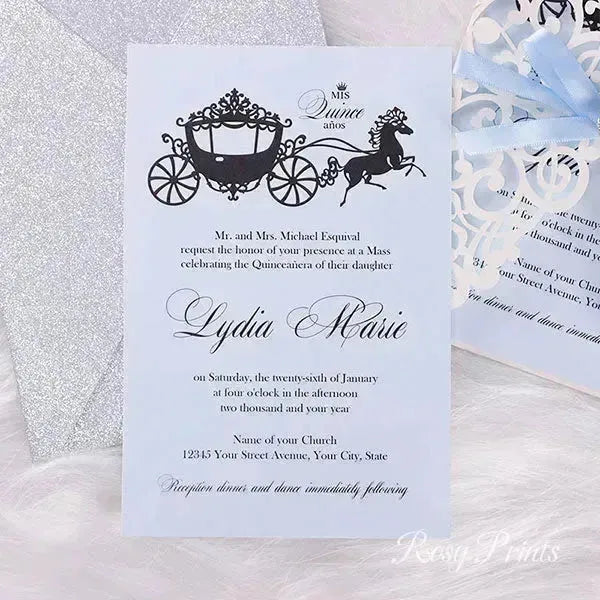 blue and silver Cinderella Quinceanera invitations ROSG09 - Rosy Prints