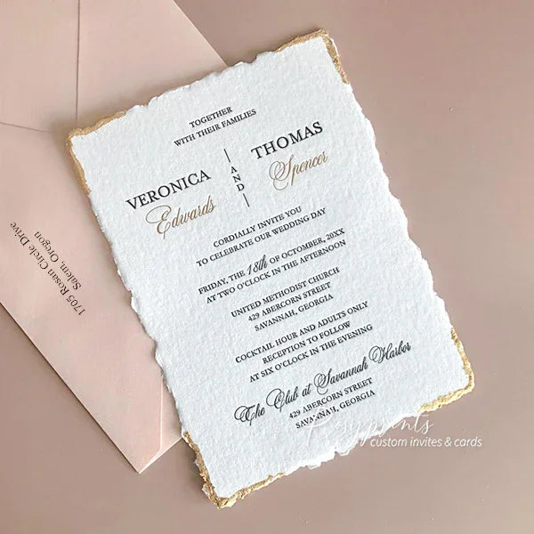 deckled edge gold foil letterpress wedding invitations with gold flake