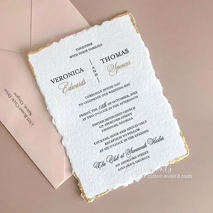 deckled edge gold foil letterpress wedding invitations with gold flake