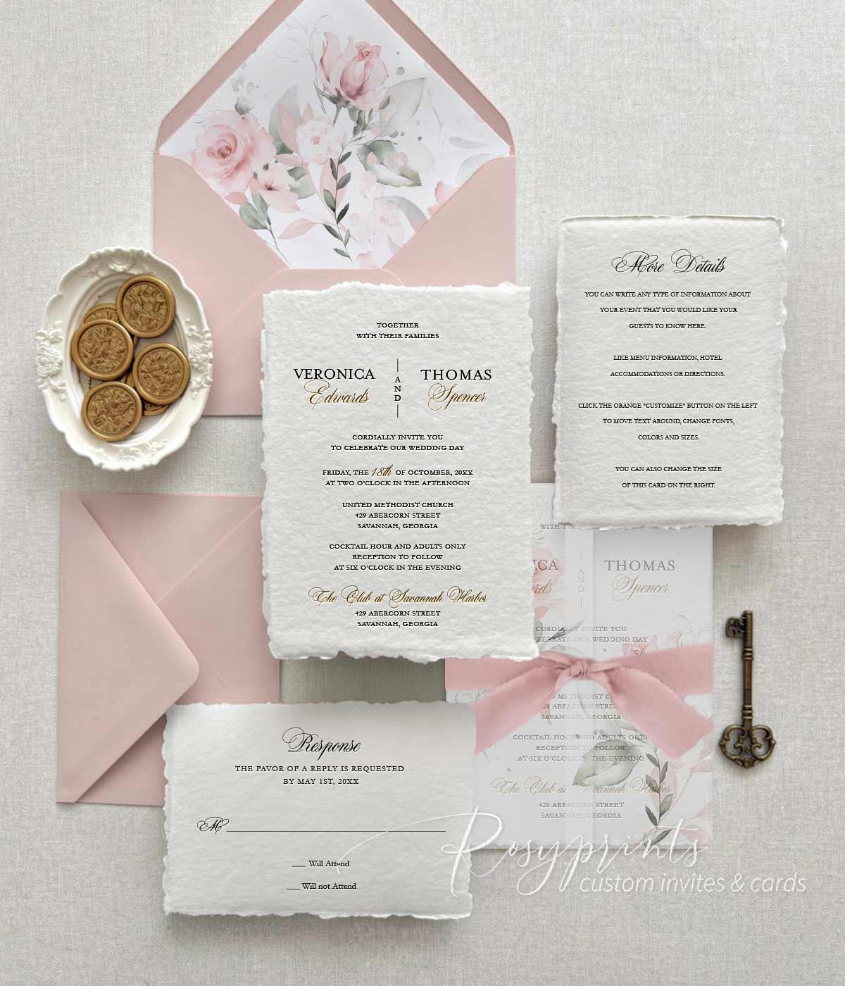 deckled edge gold foil letterpress wedding invitations ROSYL02