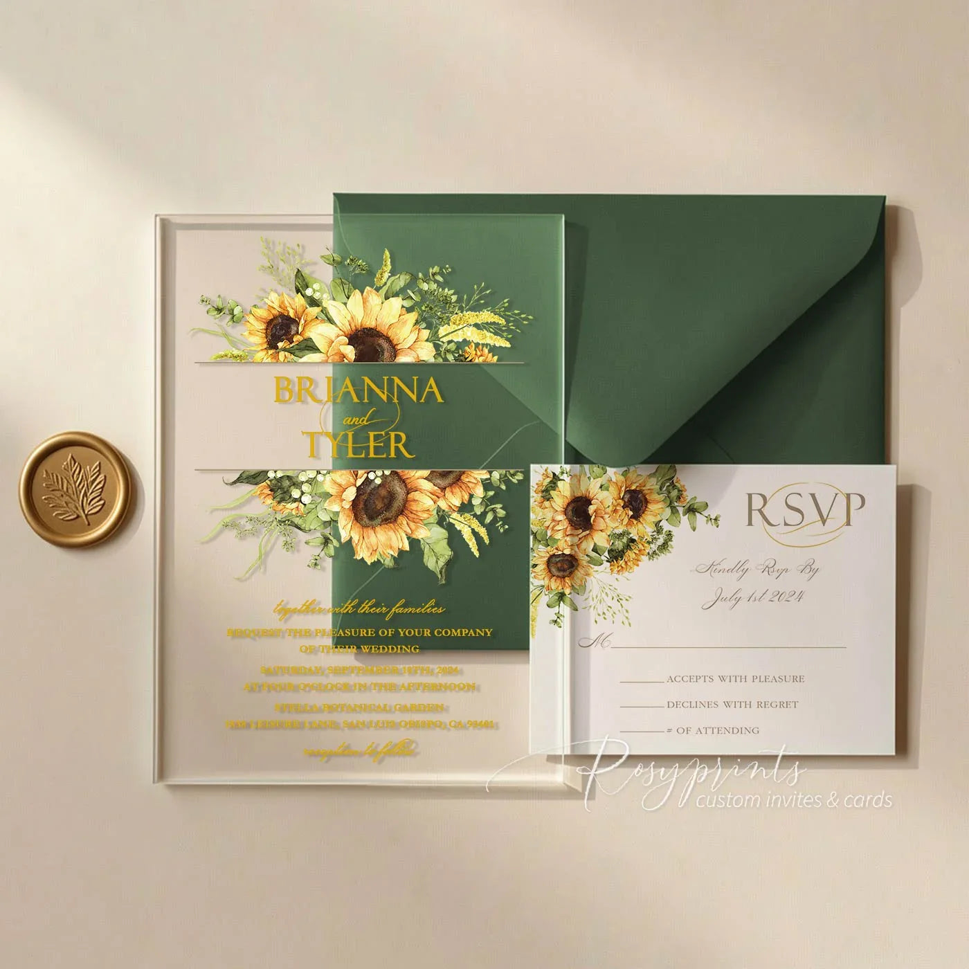 country sunflower acrylic wedding invitations with emerald green envelope