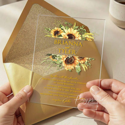 country sunflower acrylic wedding invitations with gold glitter envelope
