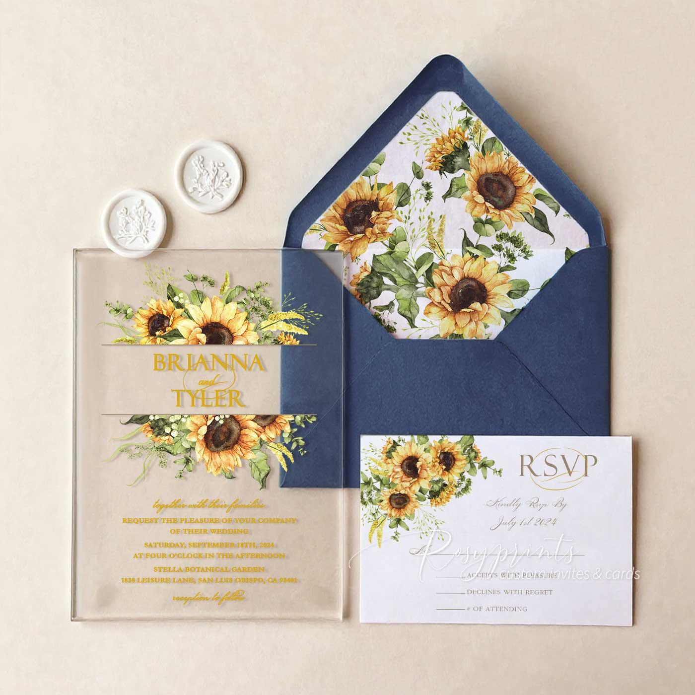 country sunflower acrylic wedding invitations with navy blue envelope