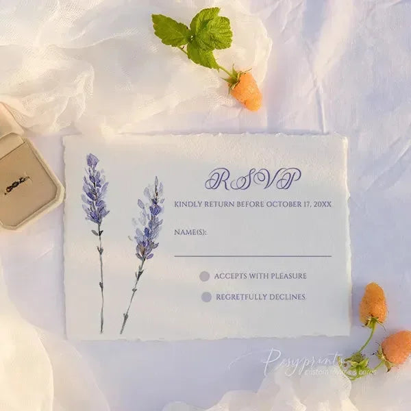 lavender floral deckled edge wedding invitations ROSYD08 - Rosy Prints
