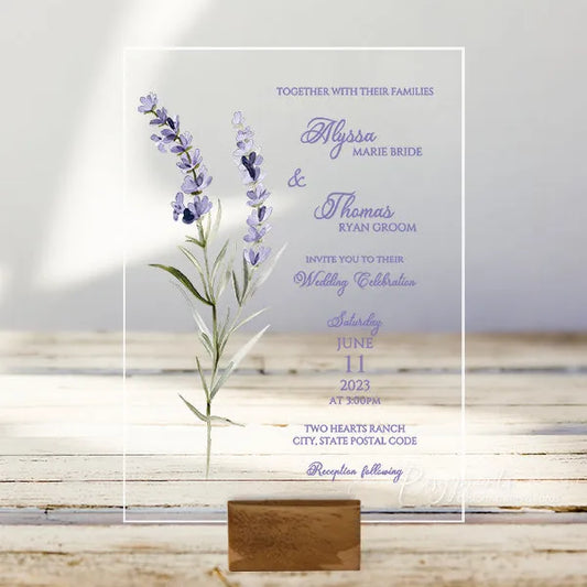 lavender purple flower acrylic wedding invitations ROSYA07 - Rosy Prints