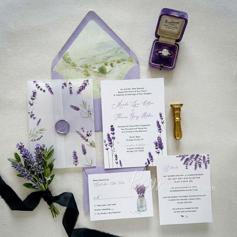 country lavender purple floral wedding invitations