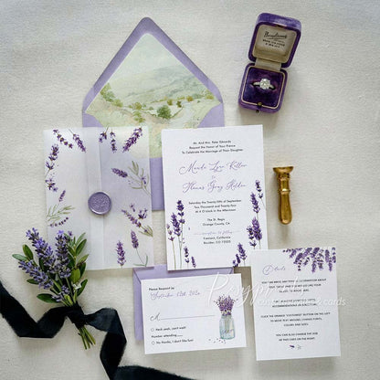 country lavender purple floral wedding invitations
