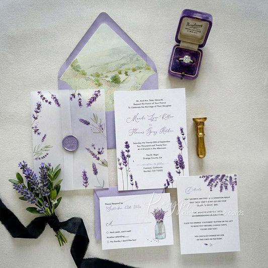 country lavender purple floral wedding invitations