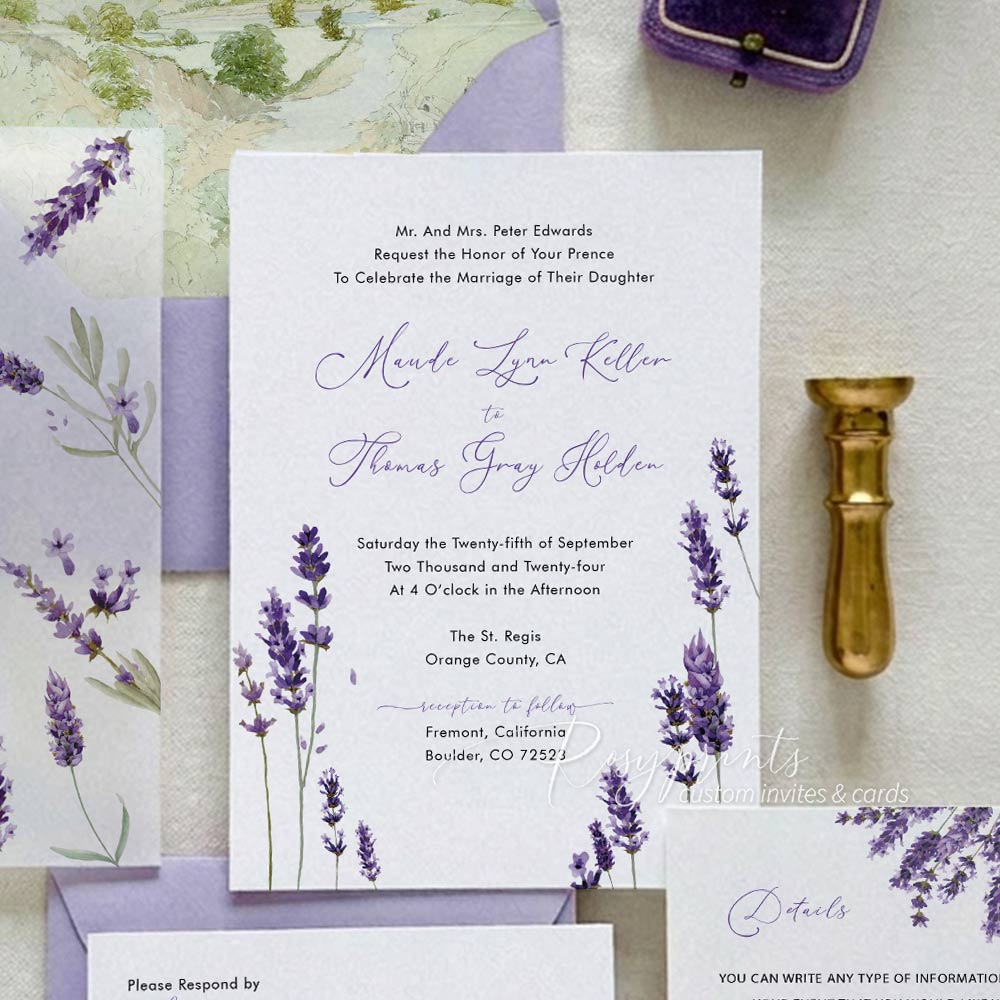 country lavender purple floral wedding invitations