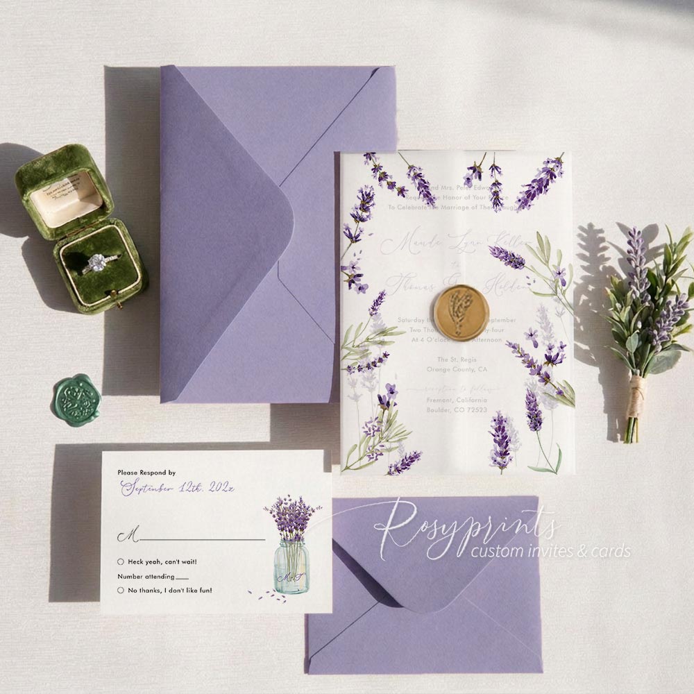 country lavender purple floral wedding invitations