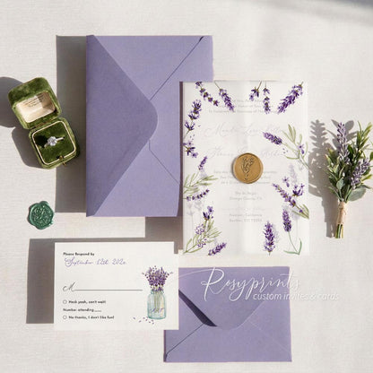 country lavender purple floral wedding invitations