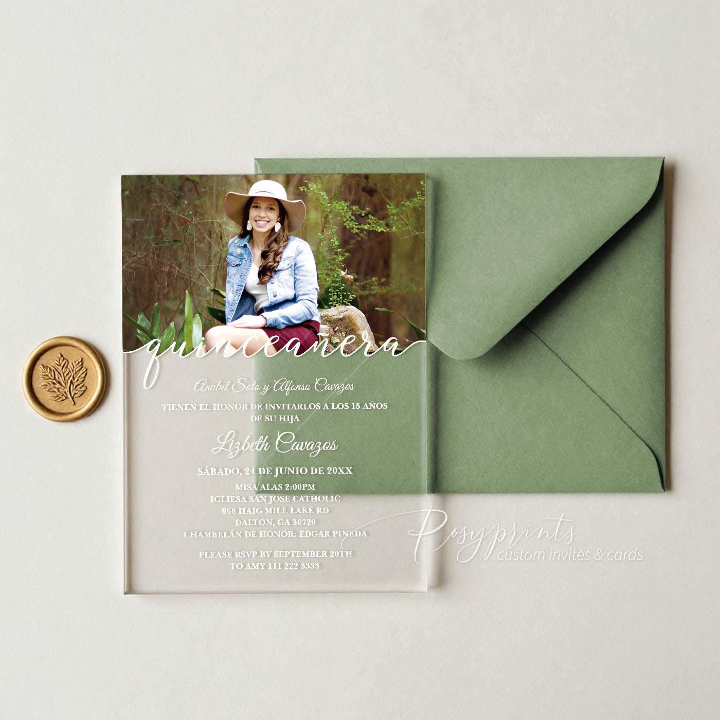 custom clear acrylic quince invitations with picture ROSYA42